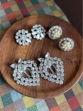 Vintage Coro Clip On Earrings Lot Pearl Rhinestone Set 3 Pairs